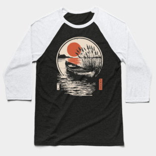 Peaceful Lake Boat Sunset Japanese Woodblock Fishing Nature Art Baseball T-Shirt