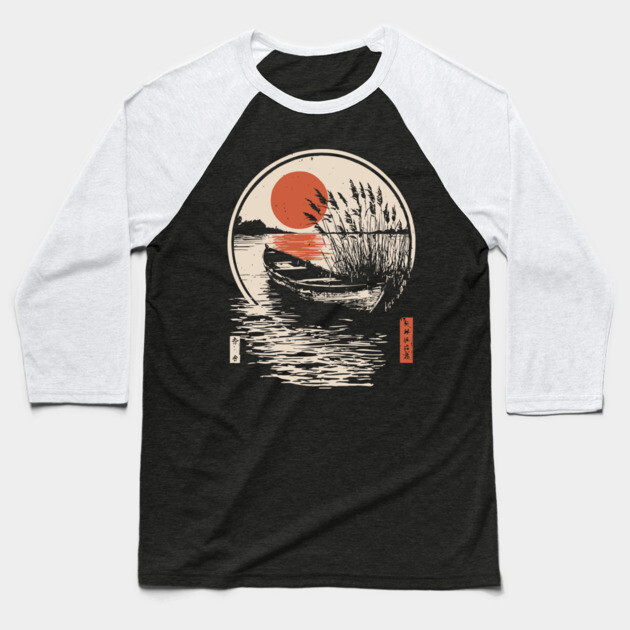 Peaceful Lake Boat Sunset Japanese Woodblock Fishing Nature Art Baseball T-Shirt by TuncGK