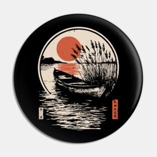 Peaceful Lake Boat Sunset Japanese Woodblock Fishing Nature Art Pin