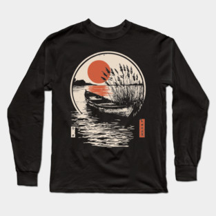 Peaceful Lake Boat Sunset Japanese Woodblock Fishing Nature Art Long Sleeve T-Shirt