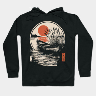 Peaceful Lake Boat Sunset Japanese Woodblock Fishing Nature Art Hoodie