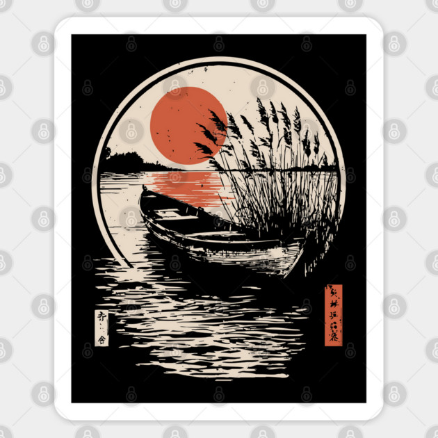 Peaceful Lake Boat Sunset Japanese Woodblock Fishing Nature Art Sticker by TuncGK