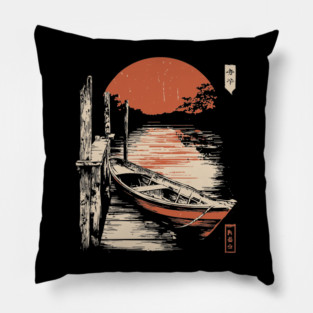 Minimalist Japanese Boat Lake Sunset Zen Ukiyo-e Style Nature Art Pillow