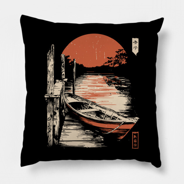 Minimalist Japanese Boat Lake Sunset Zen Ukiyo-e Style Nature Art Pillow by TuncGK