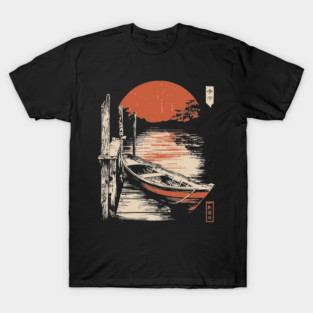 Minimalist Japanese Boat Lake Sunset Zen Ukiyo-e Style Nature Art T-Shirt