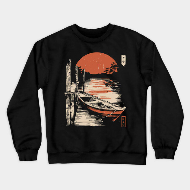 Minimalist Japanese Boat Lake Sunset Zen Ukiyo-e Style Nature Art Crewneck Sweatshirt by TuncGK