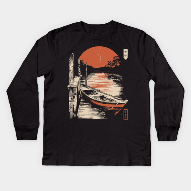 Minimalist Japanese Boat Lake Sunset Zen Ukiyo-e Style Nature Art Kids Long Sleeve T-Shirt by TuncGK