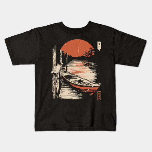 Minimalist Japanese Boat Lake Sunset Zen Ukiyo-e Style Nature Art Kids T-Shirt by TuncGK