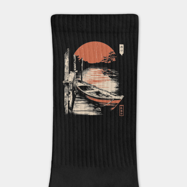 Minimalist Japanese Boat Lake Sunset Zen Ukiyo-e Style Nature Art by TuncGK