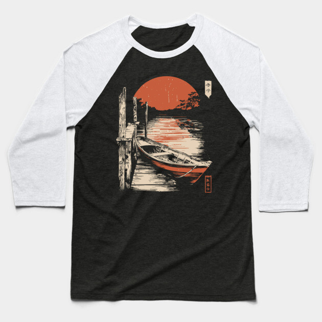 Minimalist Japanese Boat Lake Sunset Zen Ukiyo-e Style Nature Art Baseball T-Shirt by TuncGK