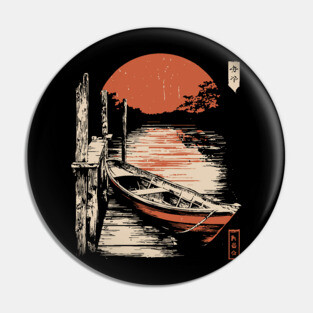Minimalist Japanese Boat Lake Sunset Zen Ukiyo-e Style Nature Art Pin