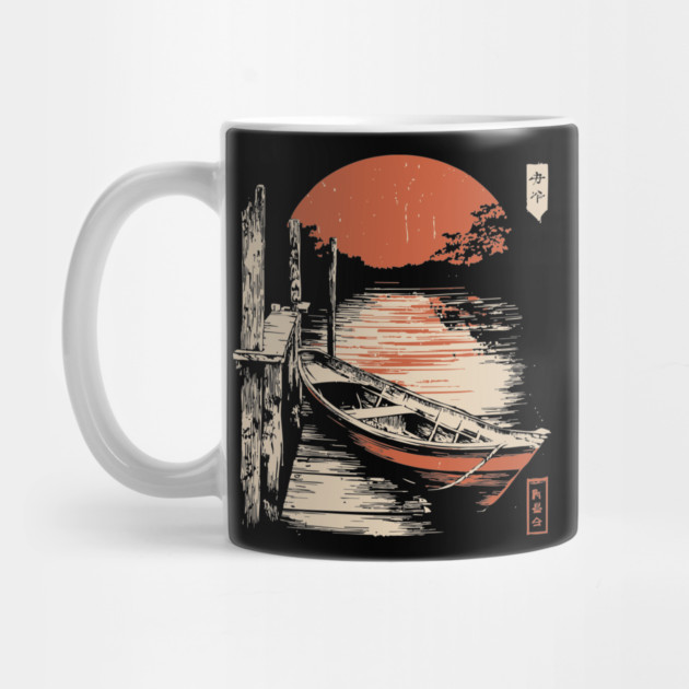 Minimalist Japanese Boat Lake Sunset Zen Ukiyo-e Style Nature Art by TuncGK
