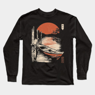 Minimalist Japanese Boat Lake Sunset Zen Ukiyo-e Style Nature Art Long Sleeve T-Shirt