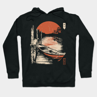 Minimalist Japanese Boat Lake Sunset Zen Ukiyo-e Style Nature Art Hoodie