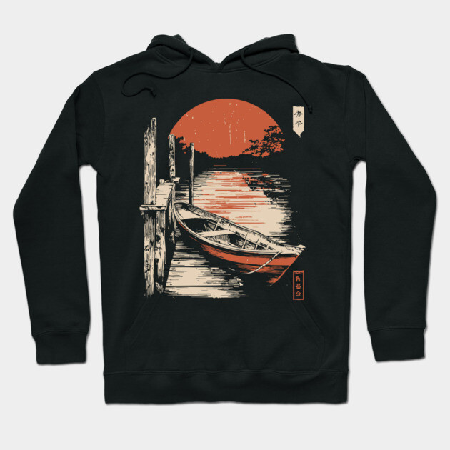 Minimalist Japanese Boat Lake Sunset Zen Ukiyo-e Style Nature Art Hoodie by TuncGK