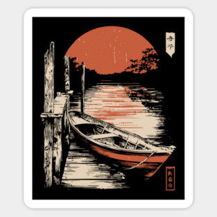 Minimalist Japanese Boat Lake Sunset Zen Ukiyo-e Style Nature Art Sticker