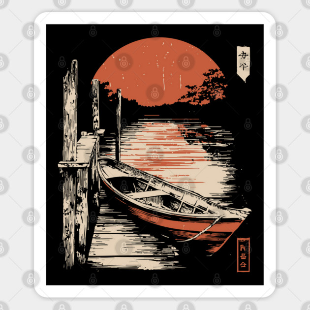 Minimalist Japanese Boat Lake Sunset Zen Ukiyo-e Style Nature Art Sticker by TuncGK