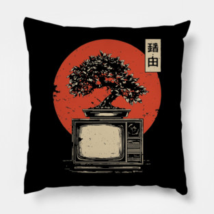 Bonsai Tree Growing From Vintage TV Japanese Retro Nature Tech Art Pillow