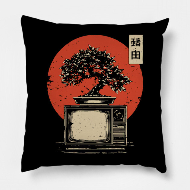 Bonsai Tree Growing From Vintage TV Japanese Retro Nature Tech Art Pillow by TuncGK
