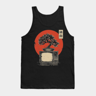 Bonsai Tree Growing From Vintage TV Japanese Retro Nature Tech Art Tank Top