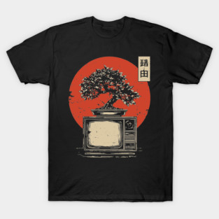 Bonsai Tree Growing From Vintage TV Japanese Retro Nature Tech Art T-Shirt