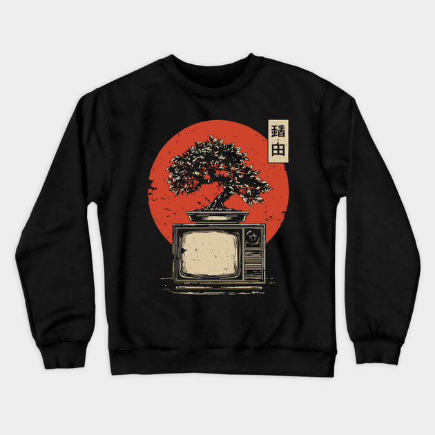 Bonsai Tree Growing From Vintage TV Japanese Retro Nature Tech Art Crewneck Sweatshirt by TuncGK