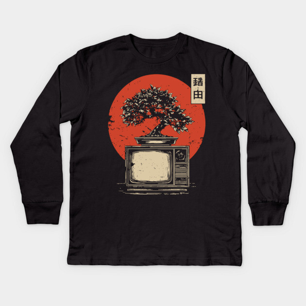 Bonsai Tree Growing From Vintage TV Japanese Retro Nature Tech Art Kids Long Sleeve T-Shirt by TuncGK