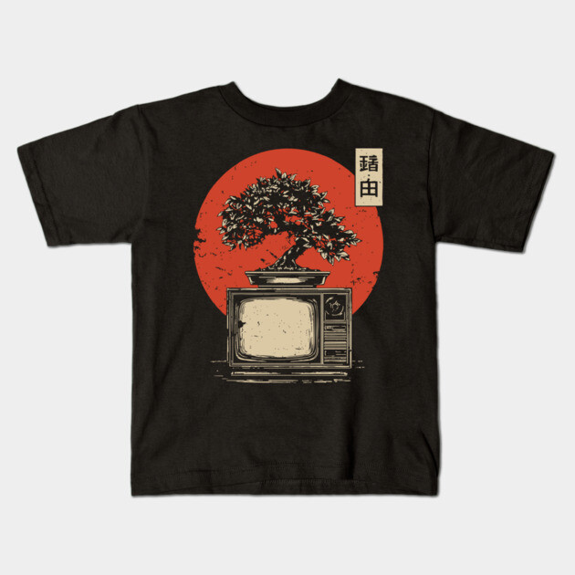 Bonsai Tree Growing From Vintage TV Japanese Retro Nature Tech Art Kids T-Shirt by TuncGK
