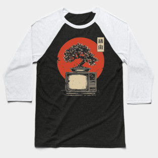 Bonsai Tree Growing From Vintage TV Japanese Retro Nature Tech Art Baseball T-Shirt