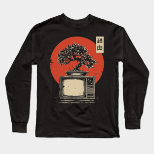 Bonsai Tree Growing From Vintage TV Japanese Retro Nature Tech Art Long Sleeve T-Shirt