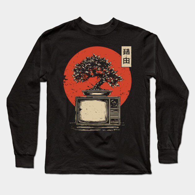 Bonsai Tree Growing From Vintage TV Japanese Retro Nature Tech Art Long Sleeve T-Shirt by TuncGK