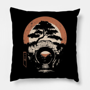 Japanese Temple Bridge Architecture Sunset Traditional Ukiyo-e Art Pillow