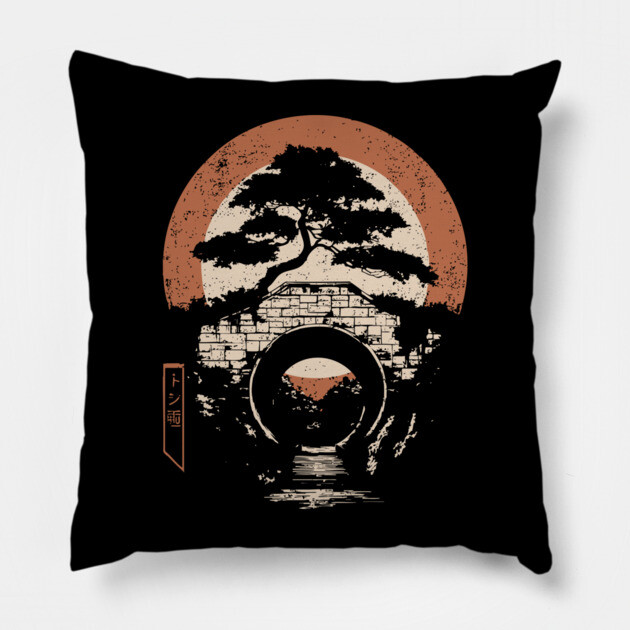 Japanese Temple Bridge Architecture Sunset Traditional Ukiyo-e Art Pillow by TuncGK