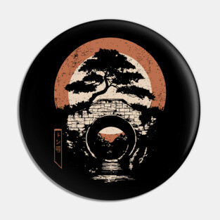 Japanese Temple Bridge Architecture Sunset Traditional Ukiyo-e Art Pin