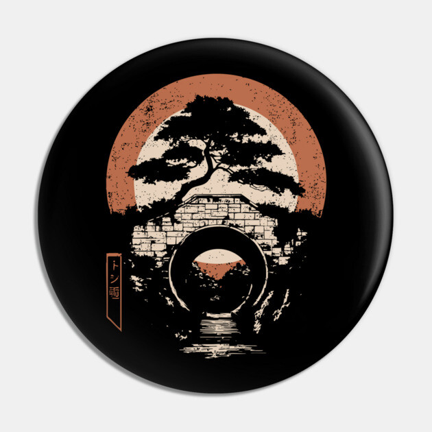 Japanese Temple Bridge Architecture Sunset Traditional Ukiyo-e Art Pin by TuncGK