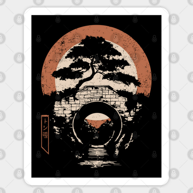 Japanese Temple Bridge Architecture Sunset Traditional Ukiyo-e Art Sticker by TuncGK