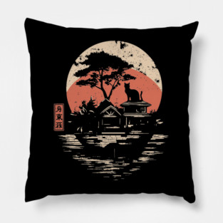 Japanese Cat Island Paradise Feline Temple Ukiyo-e Style Art Pillow