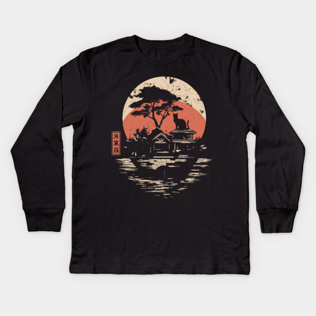 Japanese Cat Island Paradise Feline Temple Ukiyo-e Style Art Kids Long Sleeve T-Shirt by TuncGK
