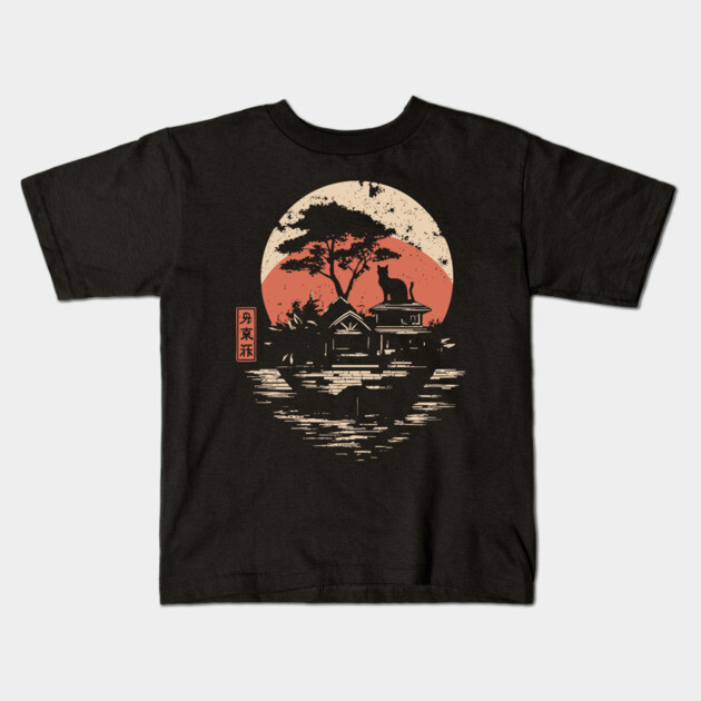 Japanese Cat Island Paradise Feline Temple Ukiyo-e Style Art Kids T-Shirt by TuncGK