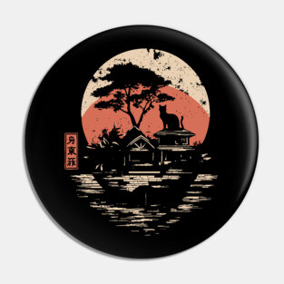 Japanese Cat Island Paradise Feline Temple Ukiyo-e Style Art Pin