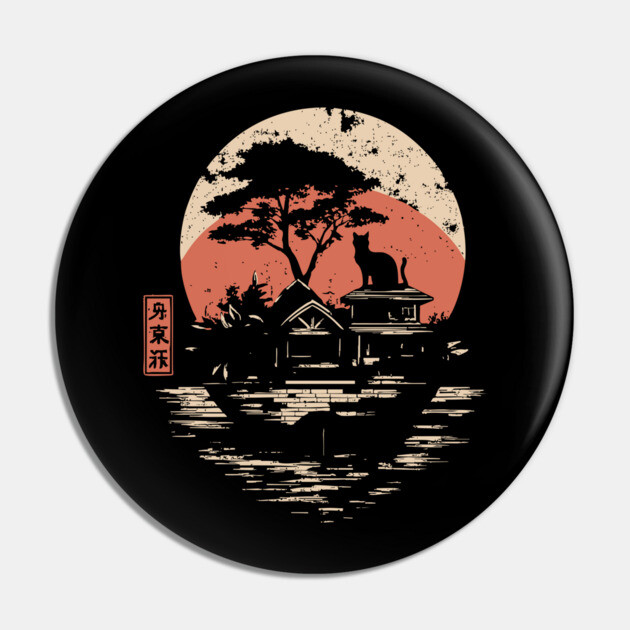 Japanese Cat Island Paradise Feline Temple Ukiyo-e Style Art Pin by TuncGK