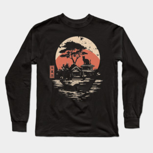 Japanese Cat Island Paradise Feline Temple Ukiyo-e Style Art Long Sleeve T-Shirt