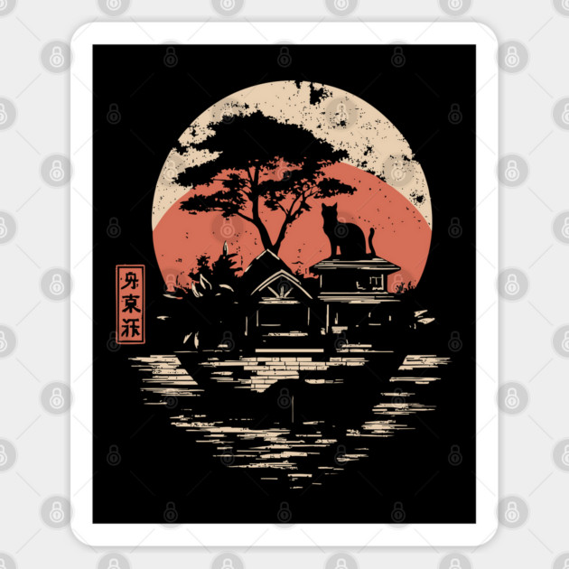 Japanese Cat Island Paradise Feline Temple Ukiyo-e Style Art Sticker by TuncGK