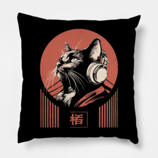 Music Loving Cat Headphones Japanese Retro Lofi Ukiyo-e Art Pillow