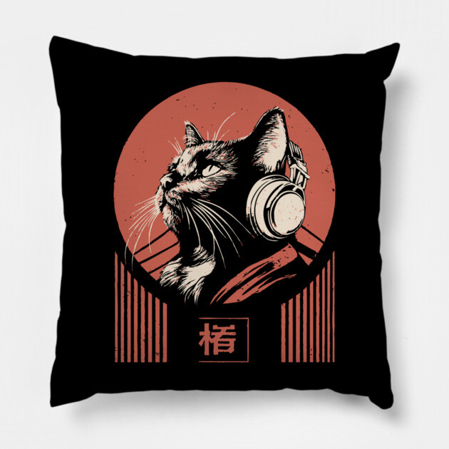 Music Loving Cat Headphones Japanese Retro Lofi Ukiyo-e Art Pillow by TuncGK