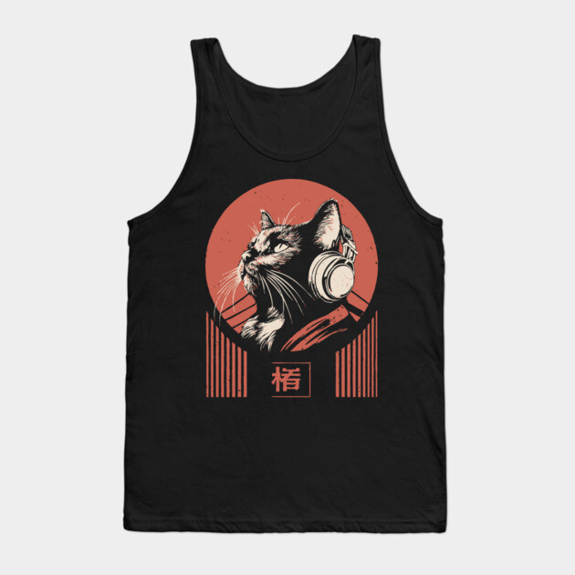 Music Loving Cat Headphones Japanese Retro Lofi Ukiyo-e Art Tank Top by TuncGK