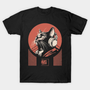 Music Loving Cat Headphones Japanese Retro Lofi Ukiyo-e Art T-Shirt