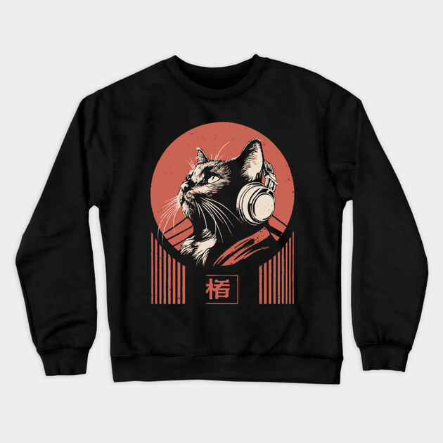 Music Loving Cat Headphones Japanese Retro Lofi Ukiyo-e Art Crewneck Sweatshirt by TuncGK