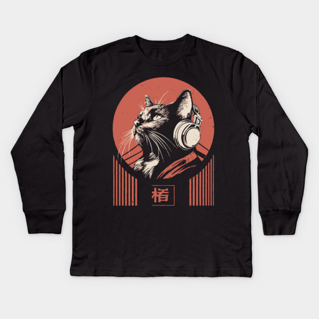 Music Loving Cat Headphones Japanese Retro Lofi Ukiyo-e Art Kids Long Sleeve T-Shirt by TuncGK
