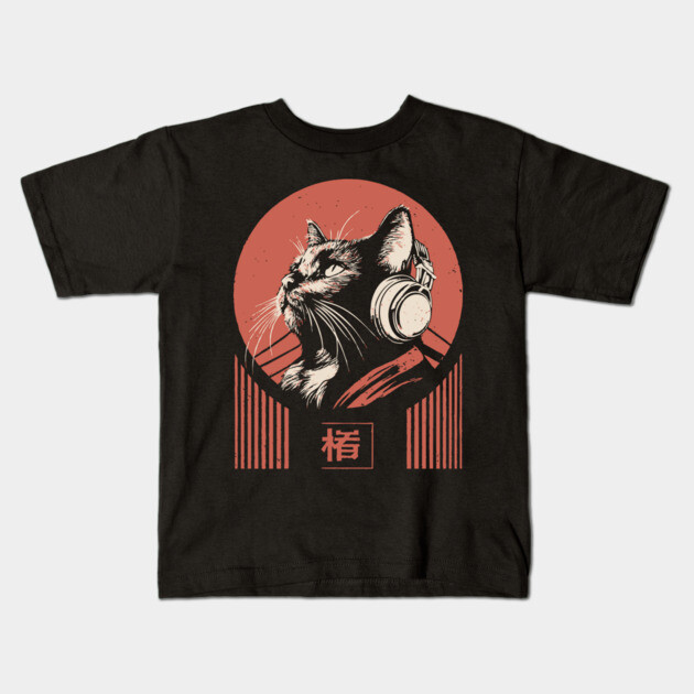 Music Loving Cat Headphones Japanese Retro Lofi Ukiyo-e Art Kids T-Shirt by TuncGK